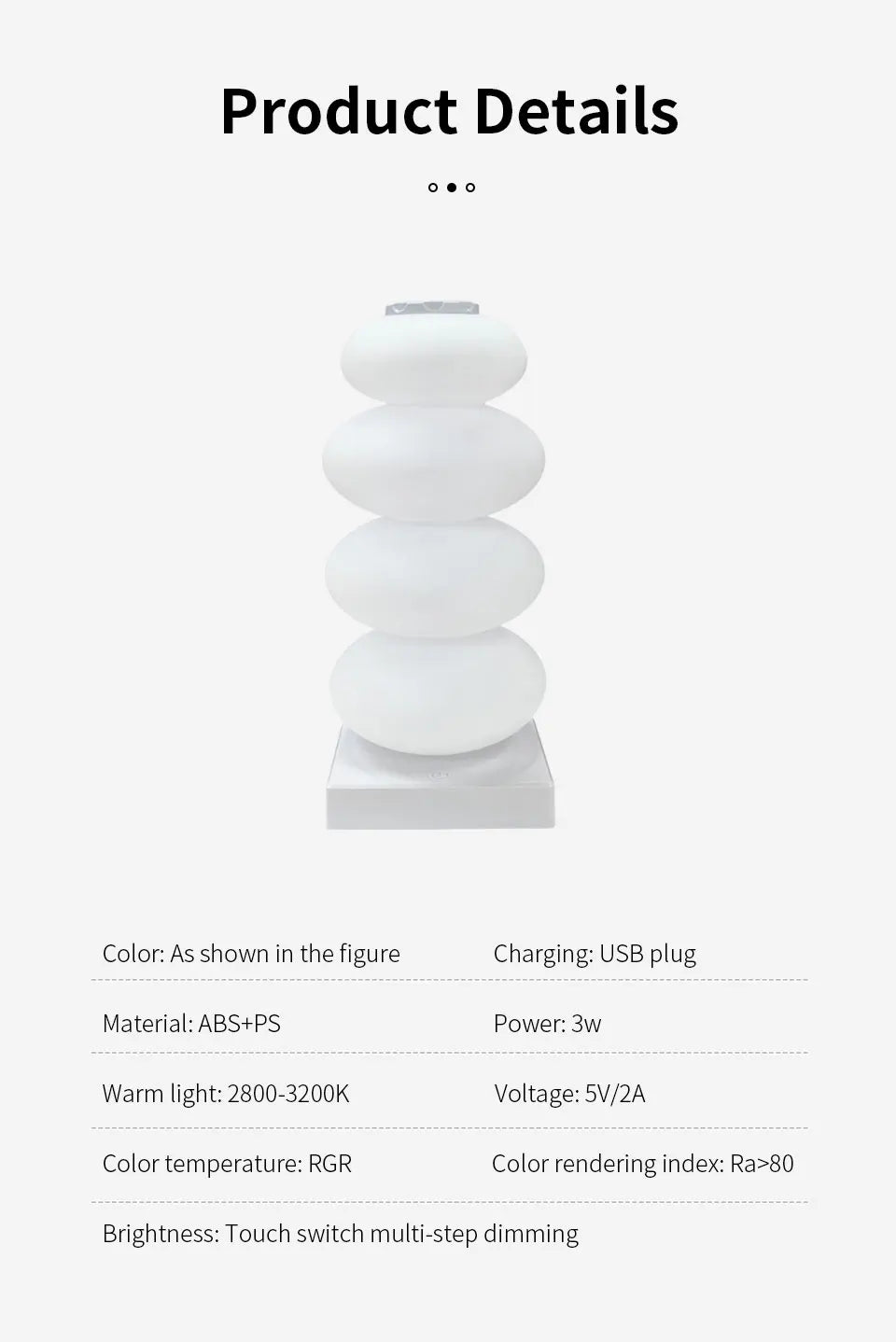 Stacked Pebble RGB Lamp unlit above a supplier specification chart on a white background.