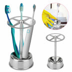 Stainless Toothbrush Holder organizing manual and electric toothbrushes with a rinse-clean demonstration