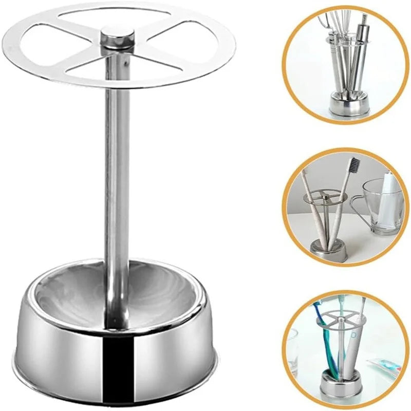 Stainless Toothbrush Holder shown empty with examples for kitchen tools and multiple toothbrush types