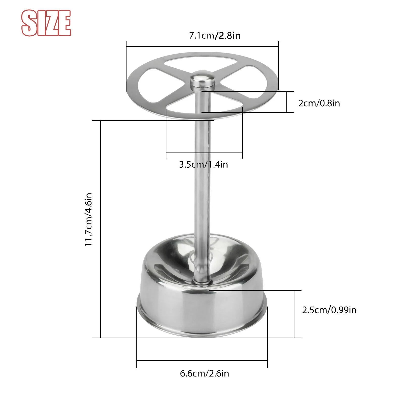 Stainless Toothbrush Holder size guide showing 4.6-inch height and 2.6-inch round base