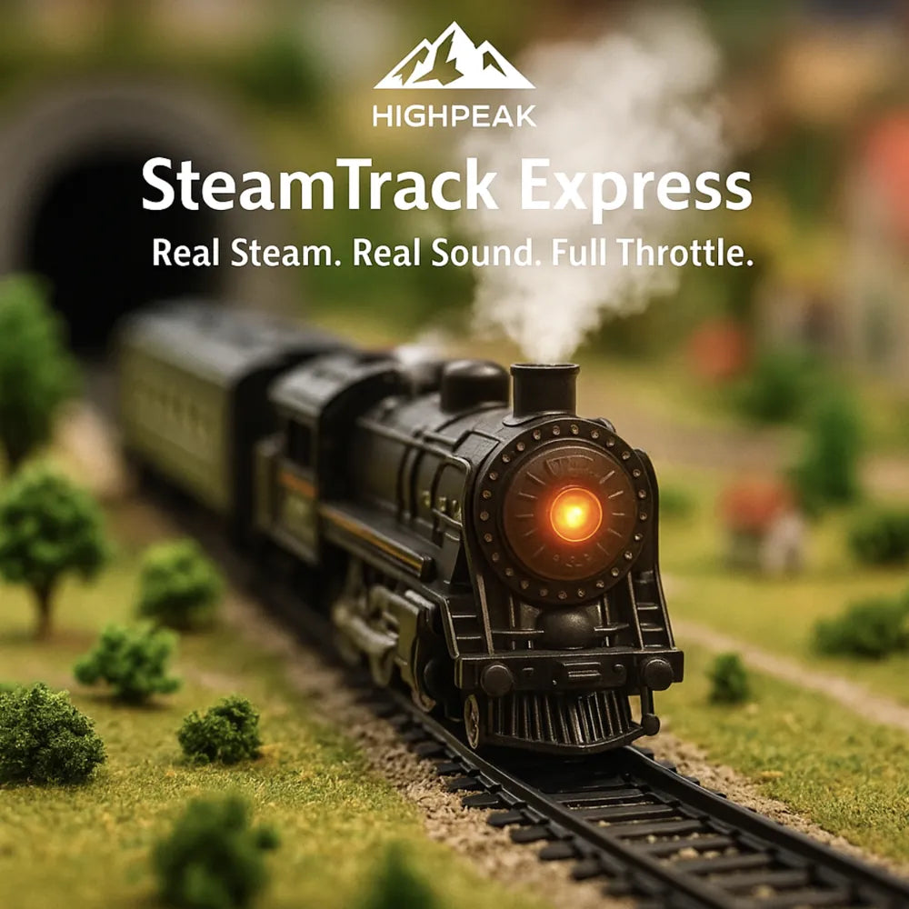 HighPeak SteamTrack Express black toy steam train with glowing headlight and real steam on detailed track outdoors