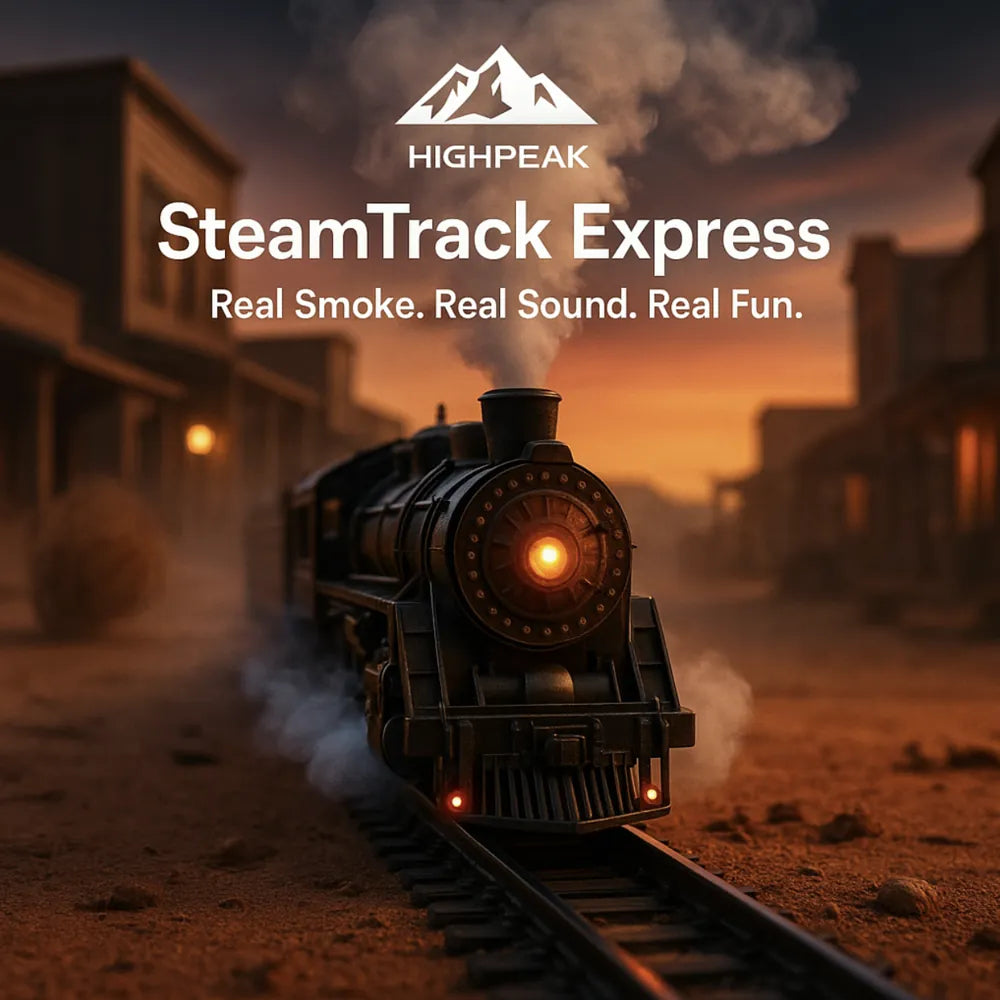 HighPeak SteamTrack Express black toy steam train with real smoke and glowing lights on model railroad track at sunset