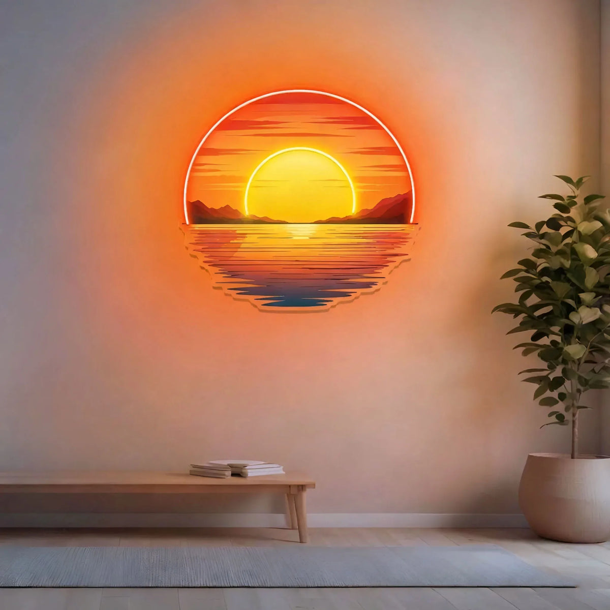 Sunset Wave Neon Sign glowing orange and yellow above a wooden bench beside a tall potted plant