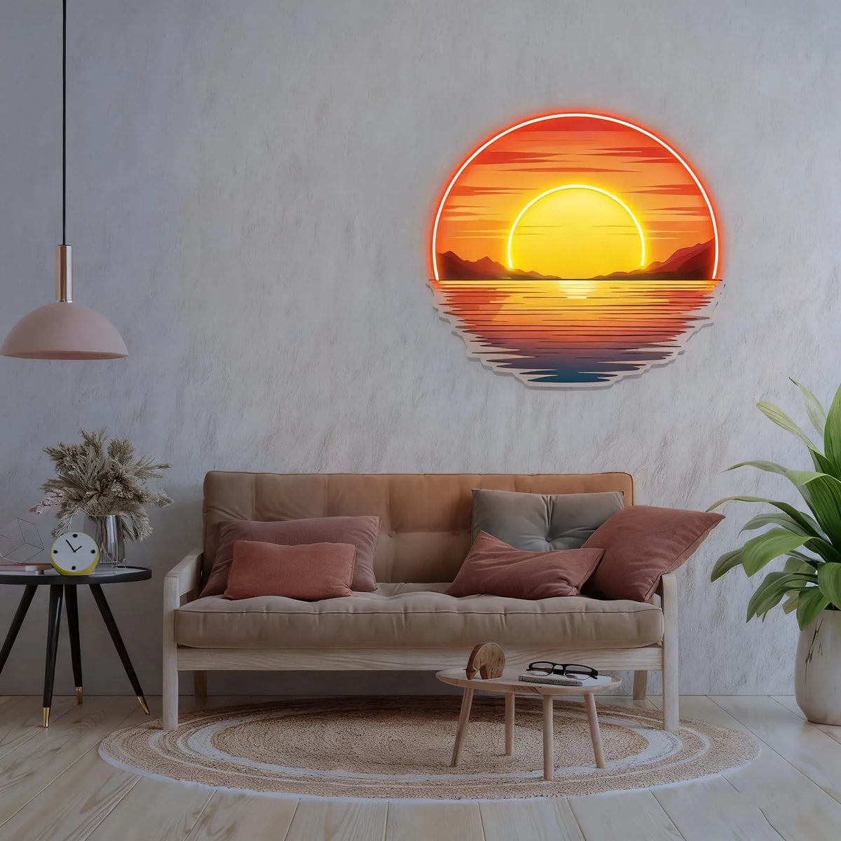 Sunset Wave Neon Sign with glowing sun outlines above a sofa on a pale textured living-room wall