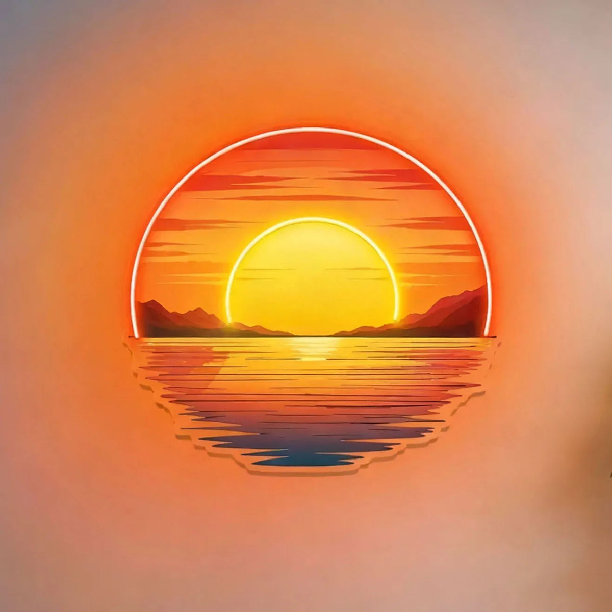 Sunset Wave Neon Sign close-up showing a yellow sun, mountain silhouettes and orange water reflections