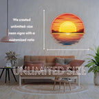 Sunset Wave Neon Sign above a sofa with supplier custom-sizing text and arrows around the wall display