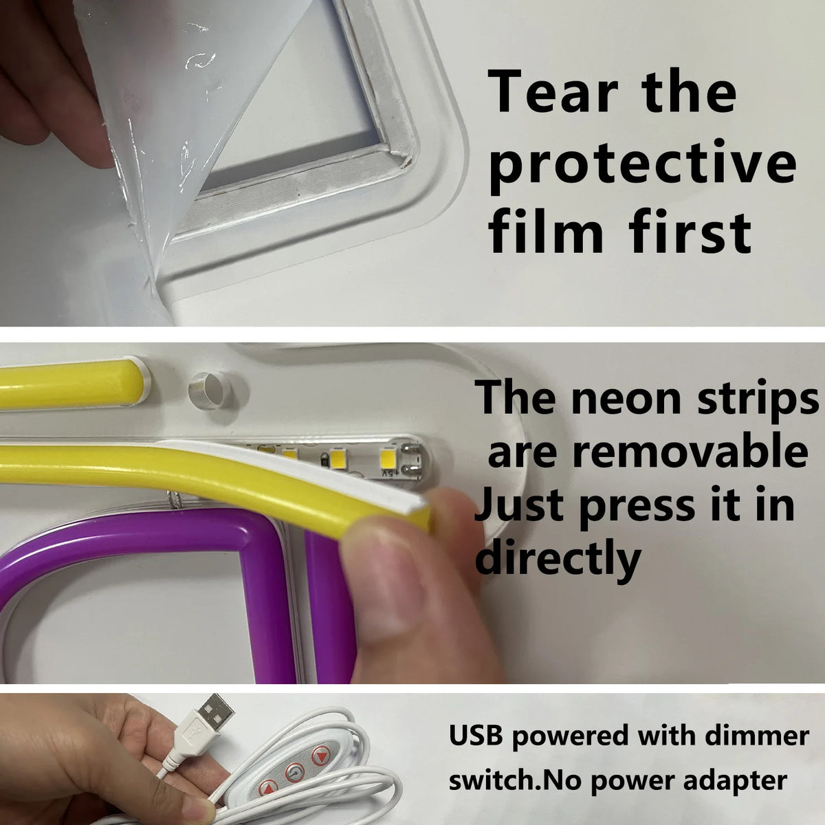 Sunset Wave Neon Sign supplier guide showing protective film removal, LED strip detail and a USB dimmer cable