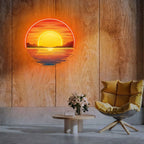 Sunset Wave Neon Sign on a wood-paneled wall beside a yellow lounge chair and a small flower table