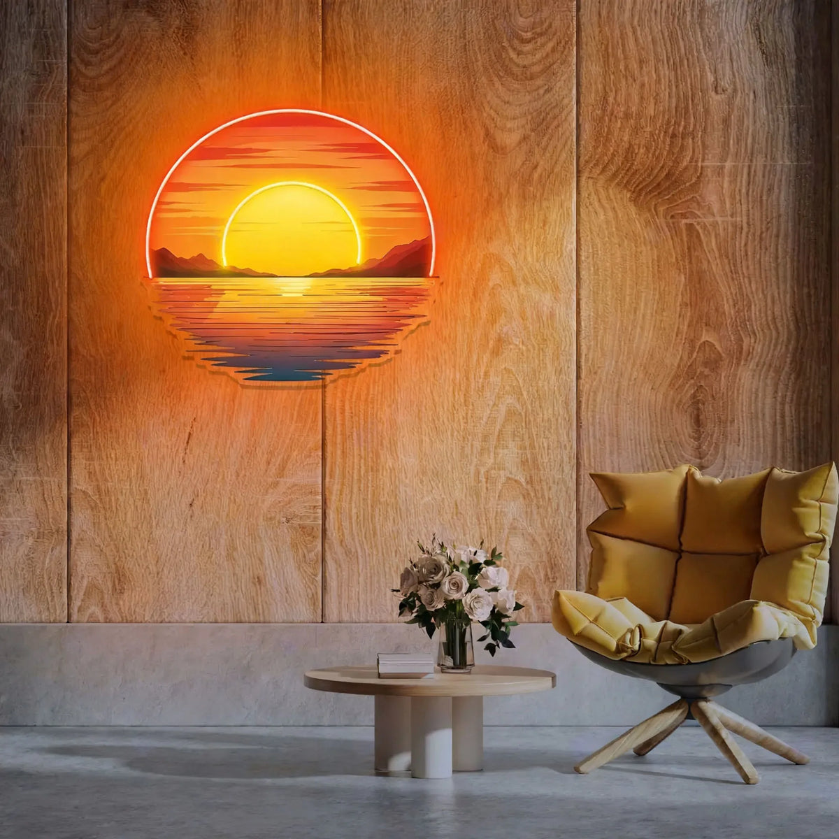 Sunset Wave Neon Sign on a wood-paneled wall beside a yellow lounge chair and a small flower table