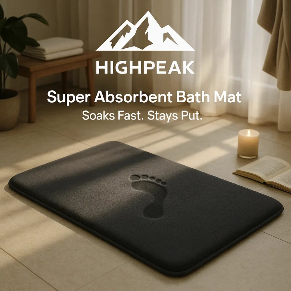 HighPeak Super Absorbent Bath Mat in dark gray on tiled floor with footprint, soft texture, and bath setting.