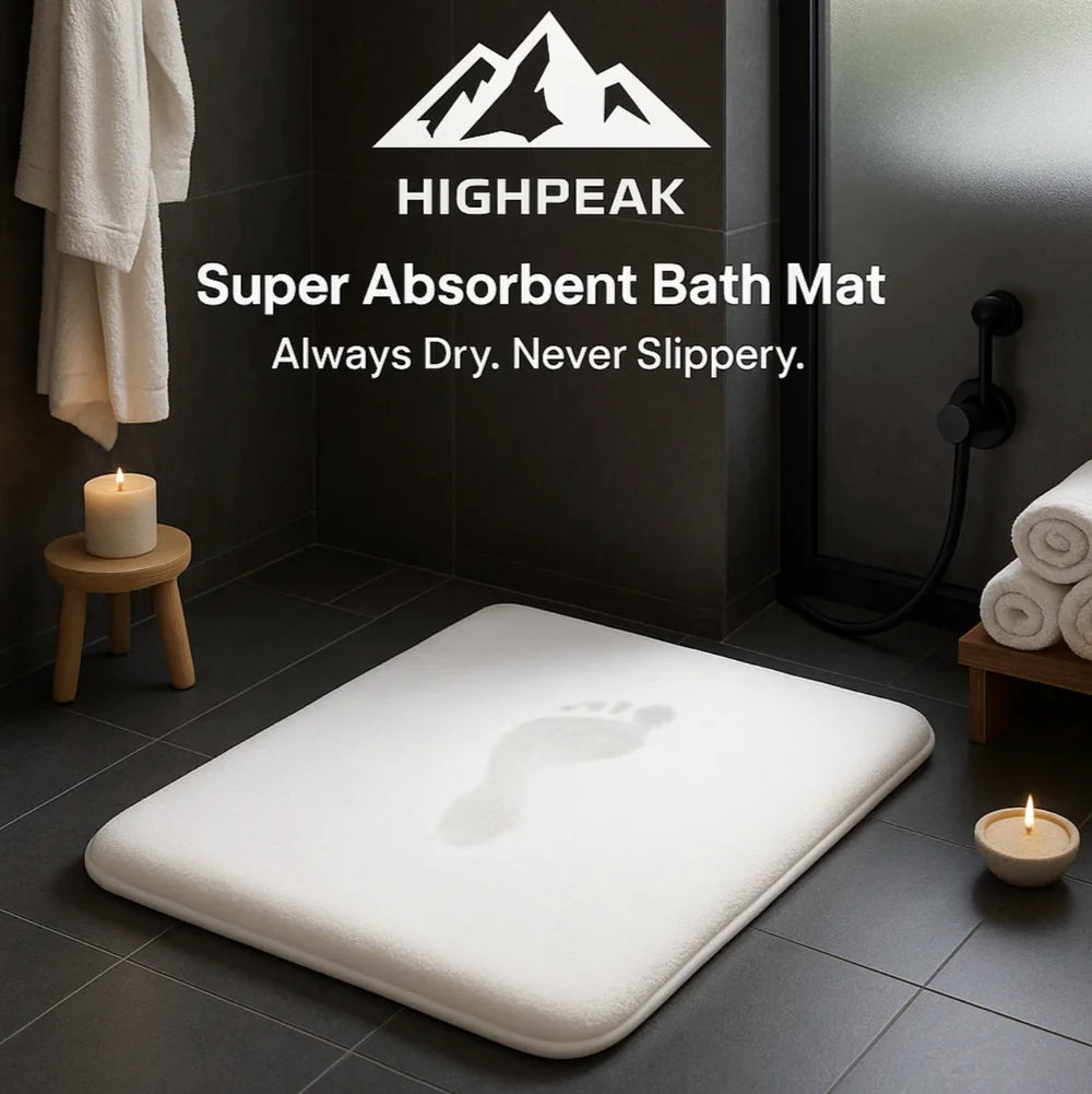 HighPeak Super Absorbent Bath Mat in white on dark tile floor with water footprint, bathroom setting, anti-slip and quick-dry features
