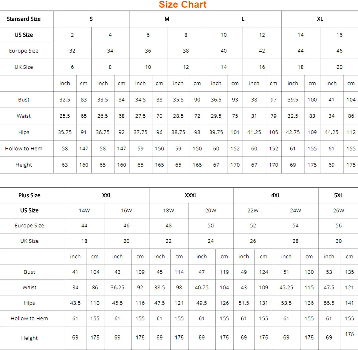 Sweetheart Sequin Mini Dress supplier US standard and plus-size chart with bust, waist, and hip measurements