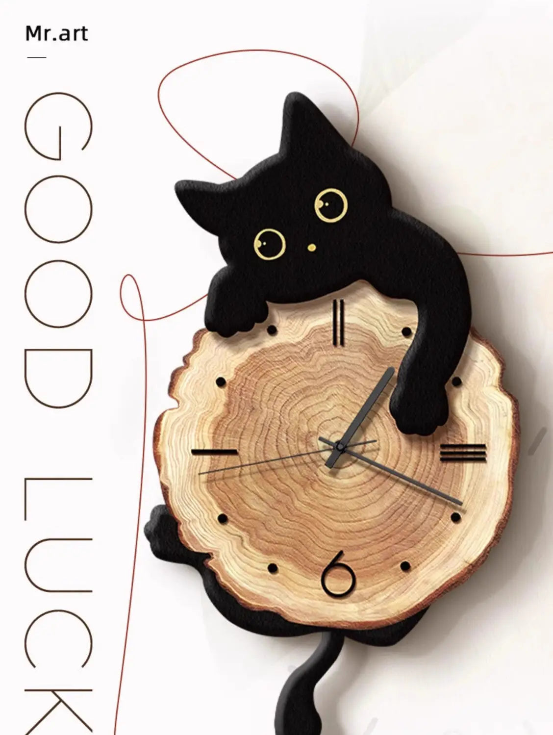 Swinging Cat Wall Clock black cat variant shown front-facing in a decorative GOOD LUCK product graphic