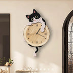 Swinging Cat Wall Clock milk cat variant displayed on a warm living-room wall beside an arched doorway