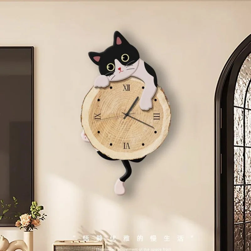 Swinging Cat Wall Clock milk cat variant displayed on a warm living-room wall beside an arched doorway