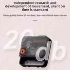 Swinging Cat Wall Clock infographic showing the rear quartz movement and quiet-operation message