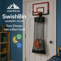 HighPeak SwishBin Laundry Hoop in red and black with built-in net hanging on a door in a kids’ bedroom setting.