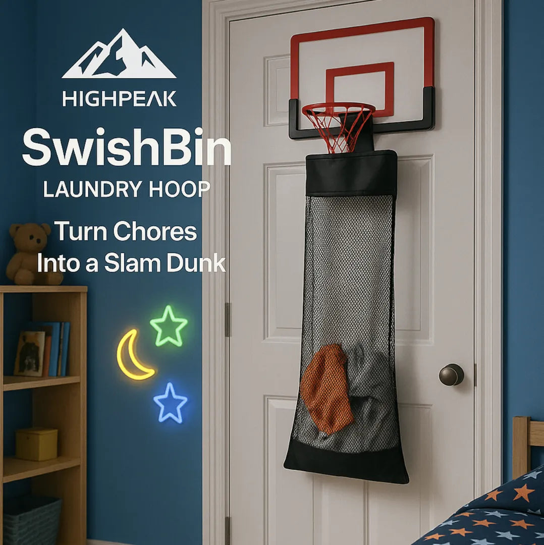 HighPeak SwishBin Laundry Hoop in red and black with built-in net hanging on a door in a kids’ bedroom setting.