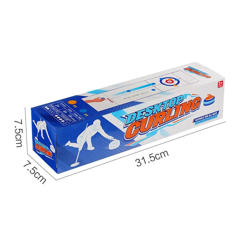 Tabletop Curling Game Set retail box with dimensions marked as 31.5 cm long, 7.5 cm wide and 7.5 cm high