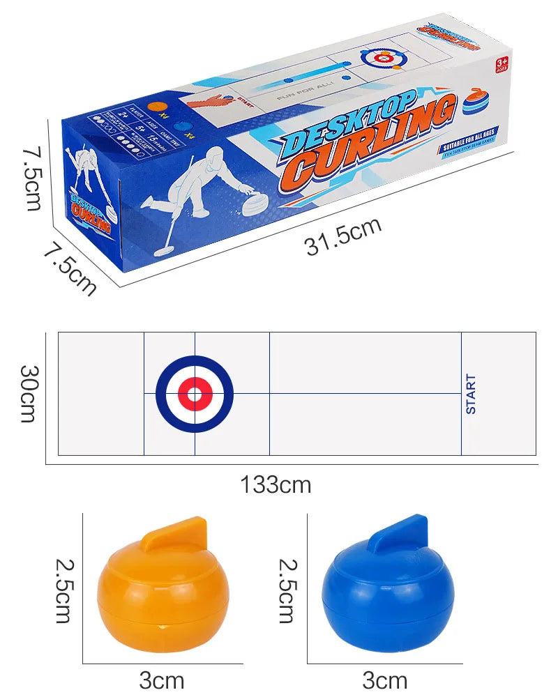 Tabletop Curling Game Set size guide showing a 133 by 30 cm mat, 3 cm rollers and the retail box