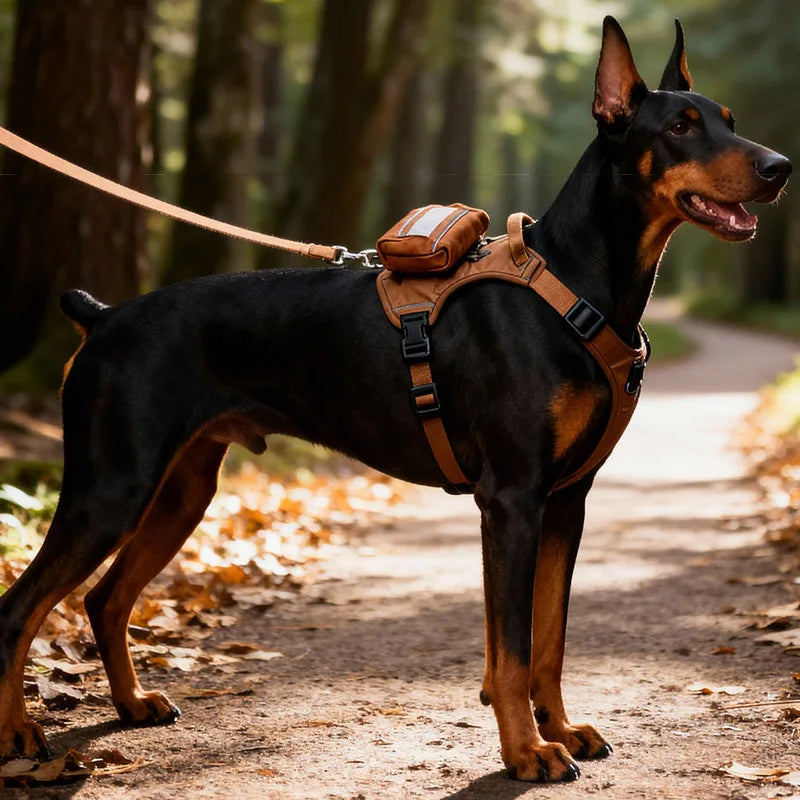 Tactical Dog Backpack Harness on a Doberman standing on a woodland trail with the matching brown leash.