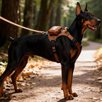 Tactical Dog Backpack Harness on a Doberman standing on a woodland trail with the matching brown leash.