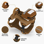 Tactical Dog Backpack Harness feature guide showing the top handle, zippered pouch, mesh lining, buckles and reflective trim.