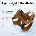 Tactical Dog Backpack Harness infographic highlighting the mesh interior and wraparound adjustable vest design.