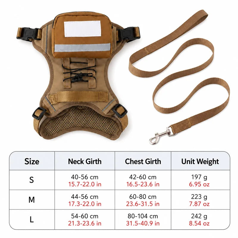 Tactical Dog Backpack Harness with matching leash and size chart showing S, M and L neck and chest measurements.