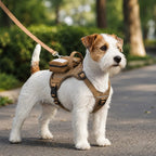 Tactical Dog Backpack Harness in brown on a terrier standing on a park path with its leash attached.