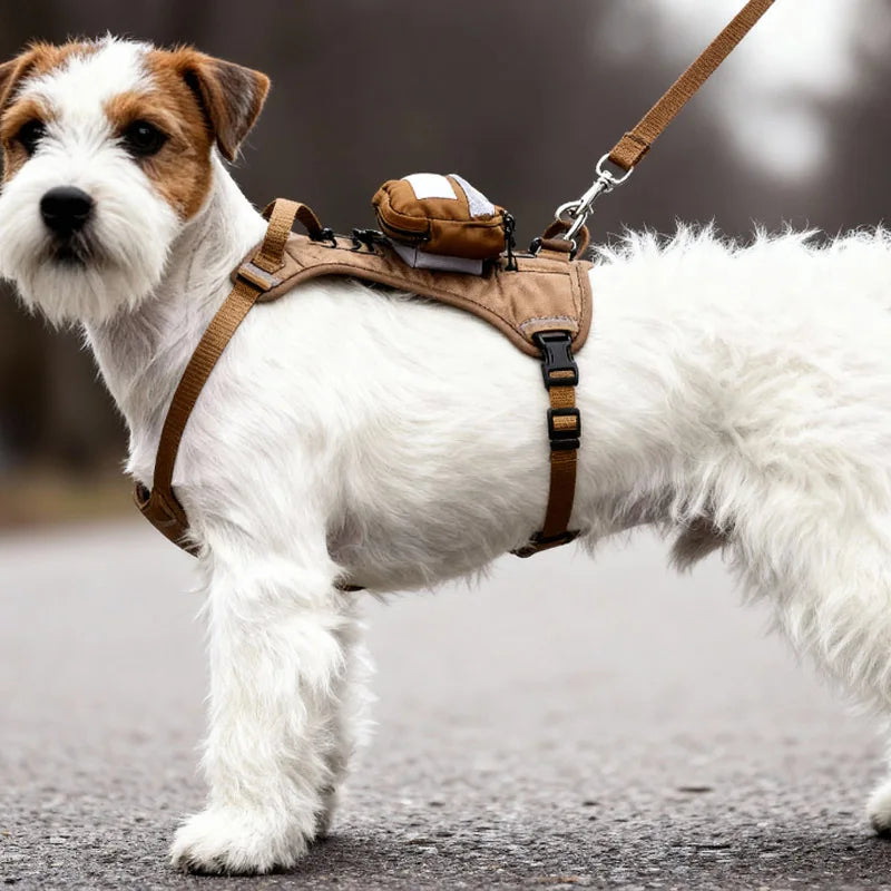 Tactical Dog Backpack Harness side view on a terrier showing the chest straps, back pouch and leash connection.