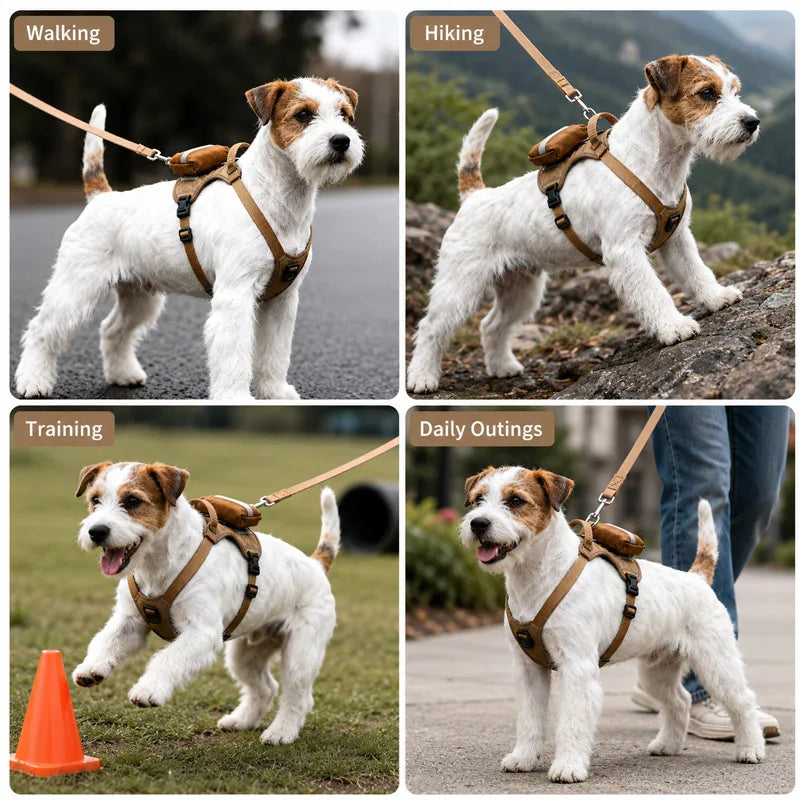 Tactical Dog Backpack Harness collage showing a terrier walking, hiking, training and joining daily outings.