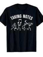 Taking Notes T-Shirt full front view with crew neck, short sleeves, and white musician graphic