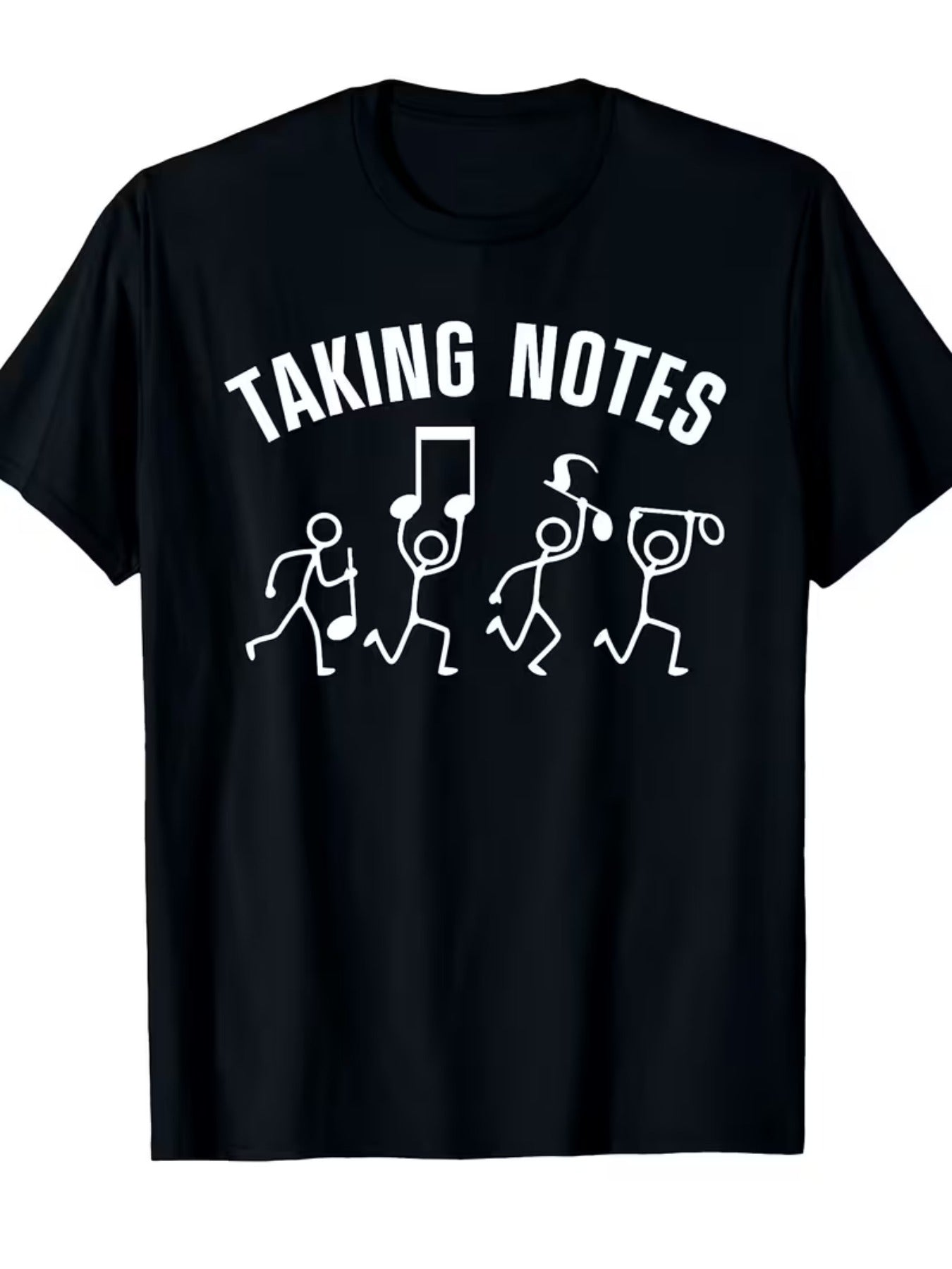 Taking Notes T-Shirt full front view with crew neck, short sleeves, and white musician graphic