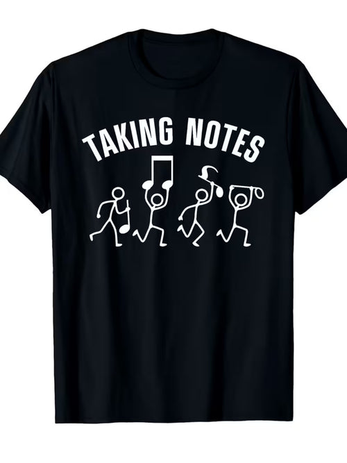 Taking Notes T-Shirt full front view with crew neck, short sleeves, and white musician graphic