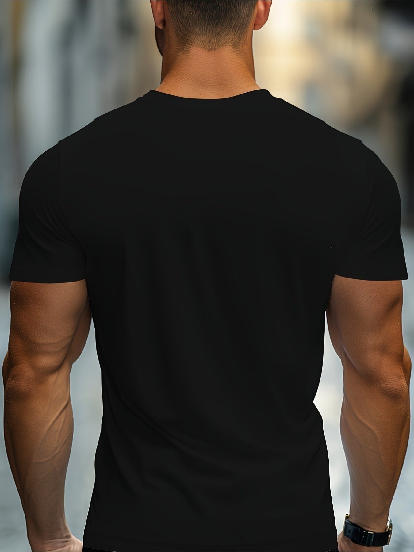 Taking Notes T-Shirt plain black back view modeled outdoors by an adult man