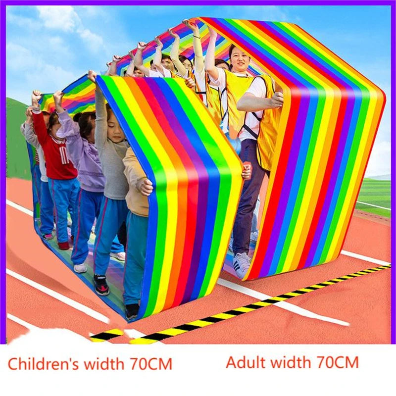 Team Building Race Mat: Children and adults on a running track with both mat widths labeled 70cm.