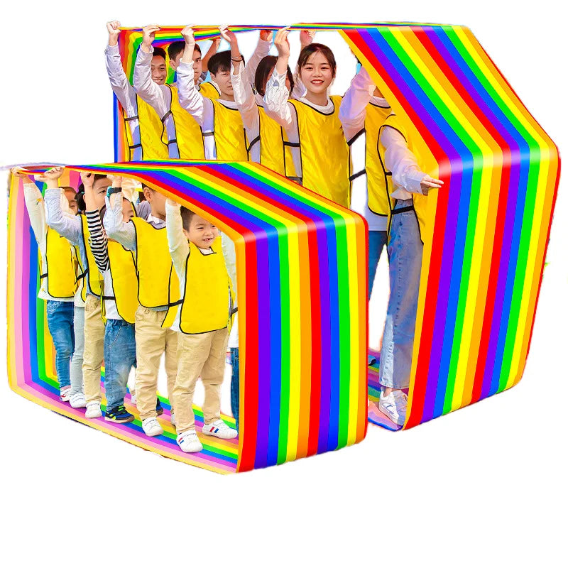 Team Building Race Mat: Adult and children’s teams demonstrating rainbow loop mats against a white background.