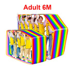 Team Building Race Mat: Rainbow loop mats with groups of players and an Adult 6M label.