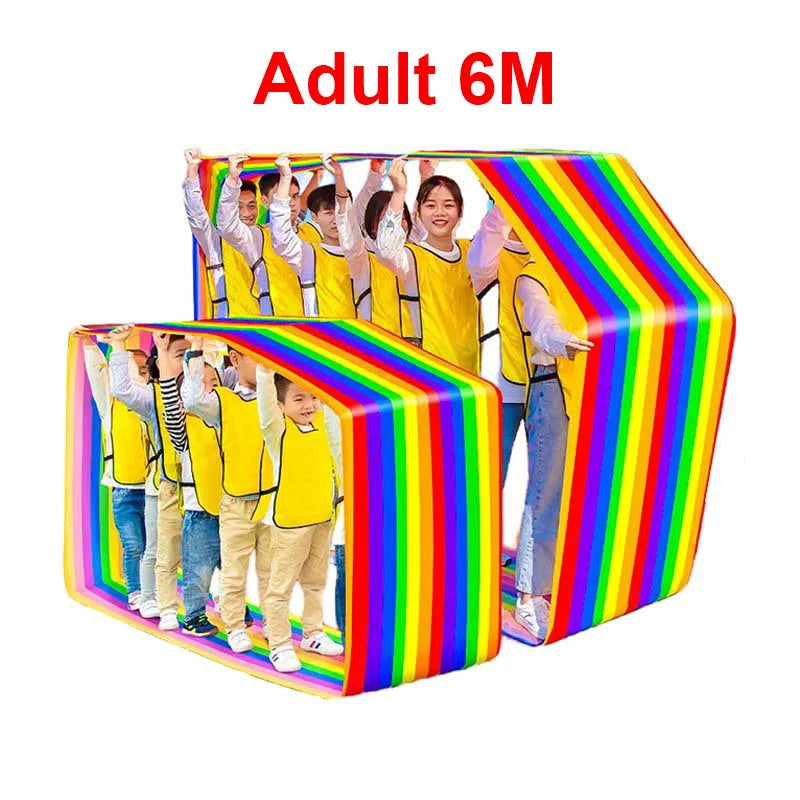 Team Building Race Mat: Rainbow loop mats with groups of players and an Adult 6M label.