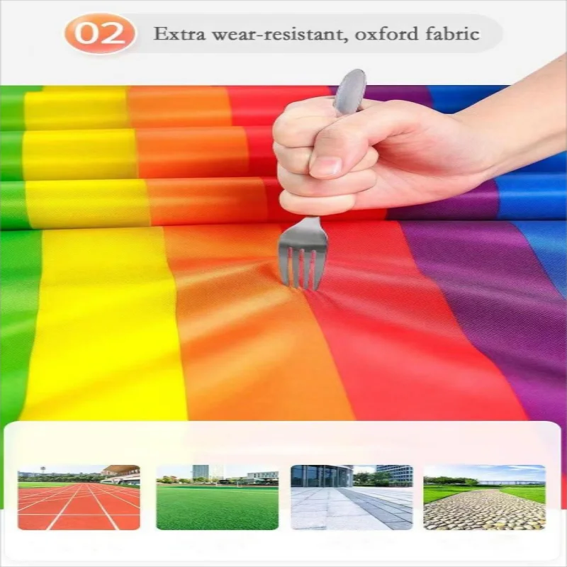 Team Building Race Mat: Oxford fabric demonstration above pictures of a track, lawn, paving and cobblestones.