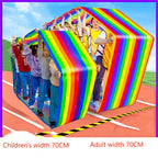 Team Building Race Mat: Rainbow loops on a track comparing the 70cm widths for adult and children’s versions.
