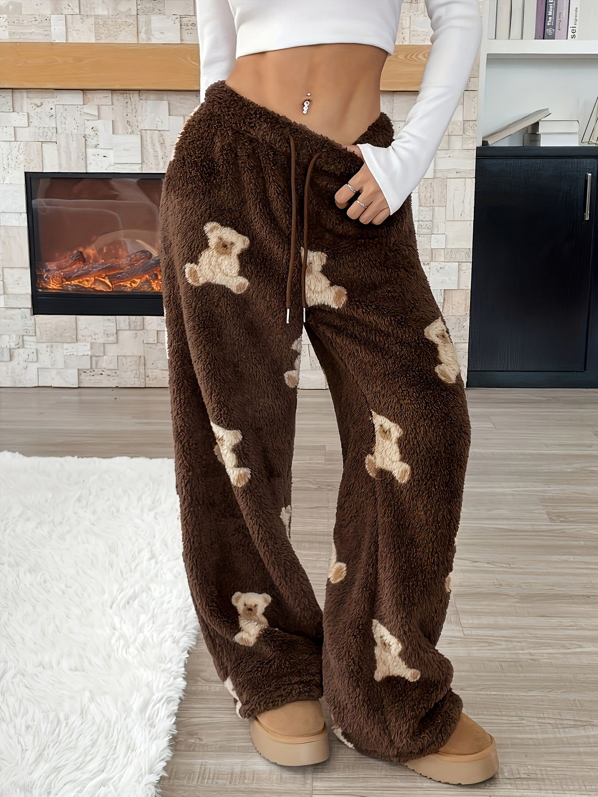 Teddy Bear Lounge Pants angled front view highlighting the drawstring waist and full-length legs.