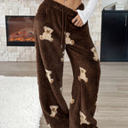 Teddy Bear Lounge Pants close-up showing cream bears, coffee-brown texture and a drawstring waist.