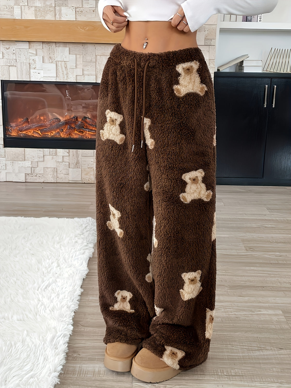 Teddy Bear Lounge Pants front view with a loose wide-leg fit and tan platform shoes.