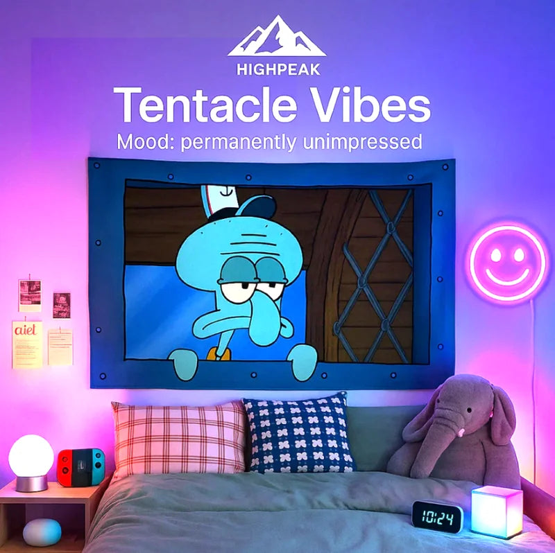 HighPeak Tentacle Vibes tapestry with unimpressed cartoon squid in blue frame on bedroom wall with cozy decor and mood lighting