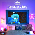 HighPeak Tentacle Vibes tapestry with unimpressed cartoon squid in blue frame on bedroom wall with cozy decor and mood lighting