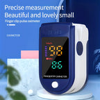 Thermometer & Oximeter Set blue fingertip oximeter on a white pedestal against a blue background