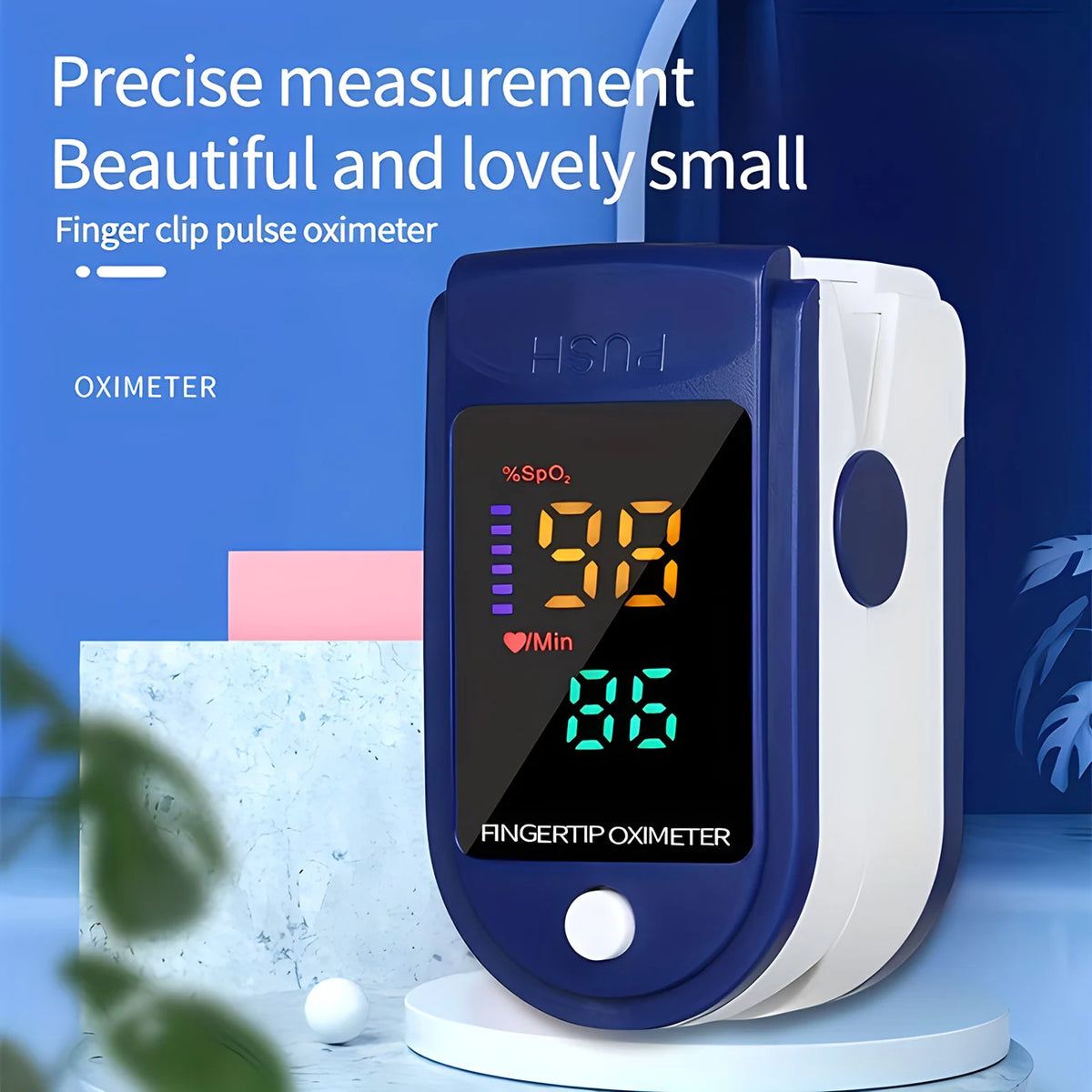 Thermometer & Oximeter Set blue fingertip oximeter on a white pedestal against a blue background