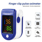 Thermometer & Oximeter Set oximeter feature diagram showing its button, finger clamp, and pulse bar
